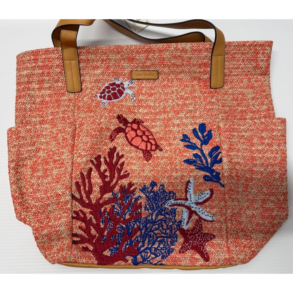 VERA BRADLEY  STRAW BEACH TOTE Scarlet Coral Bag Turtle Starfish Purse NWTS!